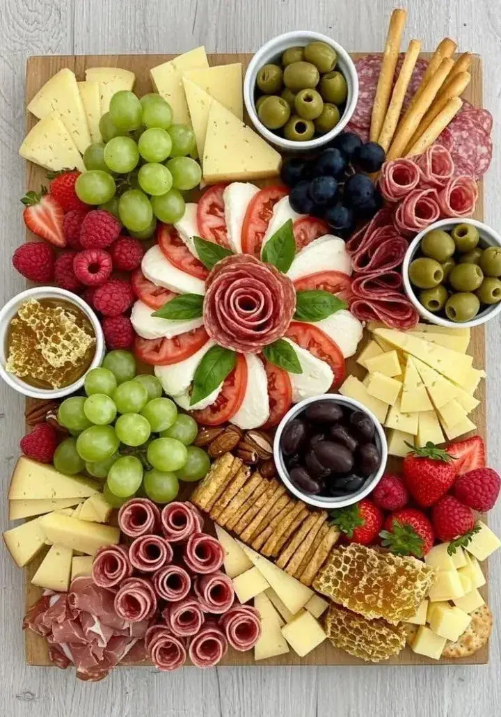 Lange plank met kaas, vleeswaren en fruit