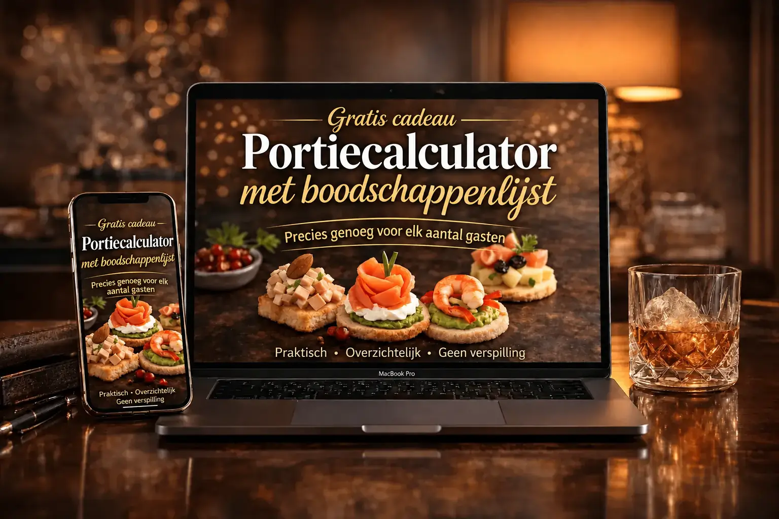 Portiecalculator met boodschappenlijst op laptop en telefoon